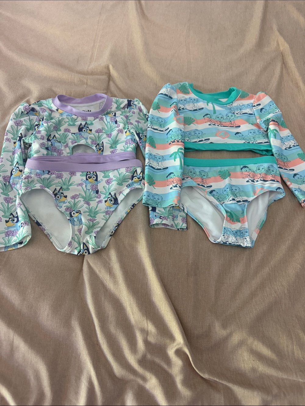 Kids Long Sleeve two Piece Swimsuit - Pastel Purple & Teal: Bluey and Cocomelon